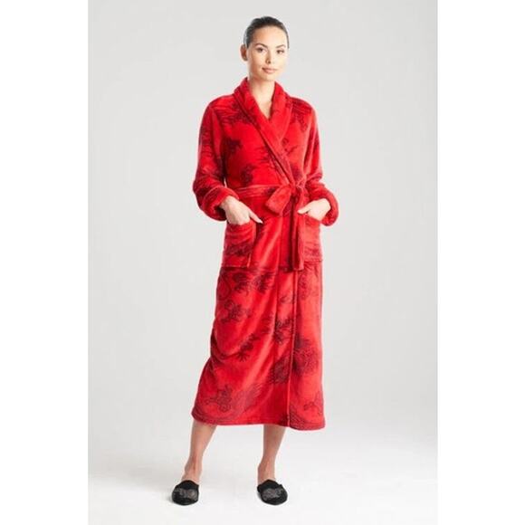 Natori Ryu Jacquard Robe Dragon Plush Velour Brocade Red , Sz XS - Picture 1 of 7